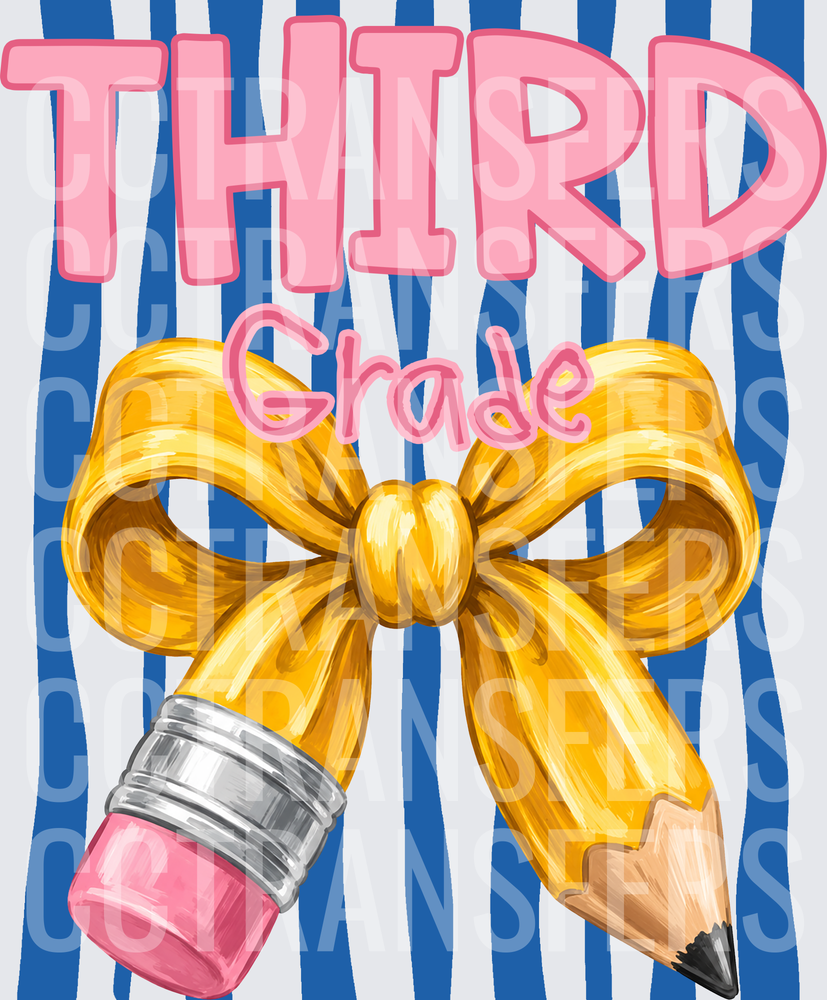 Third Grade Gold Bow Pencil Blue Stripe (DTF)