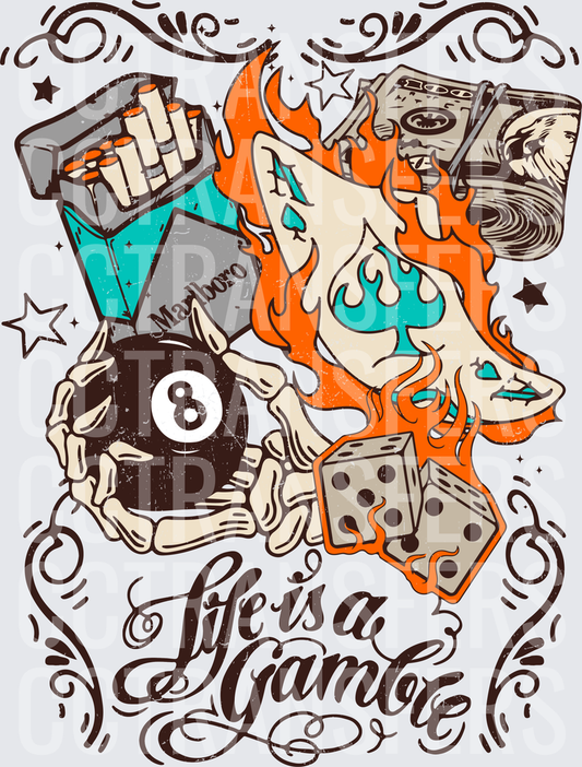 Life Is A Gamble Skeleton Hands Flames Dice Cards (DTF)