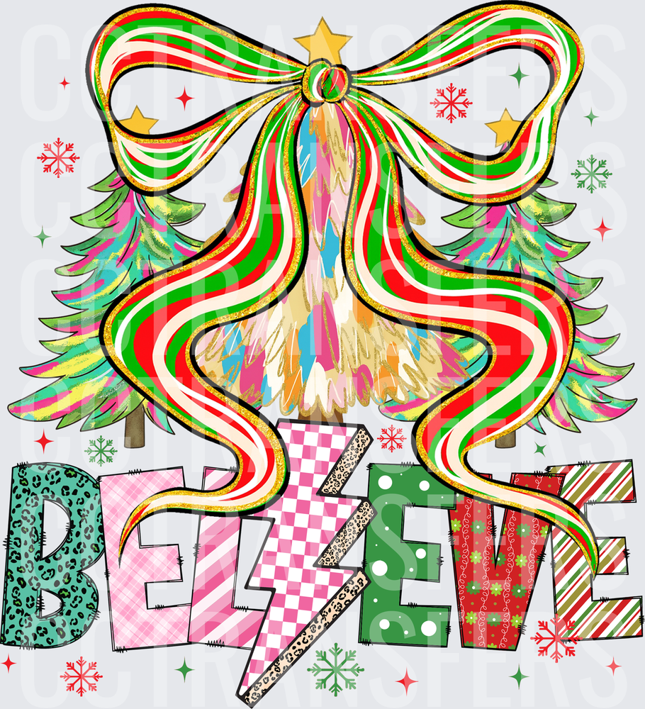 Believe Christmas Trees Bow Patterned Letters (DTF)