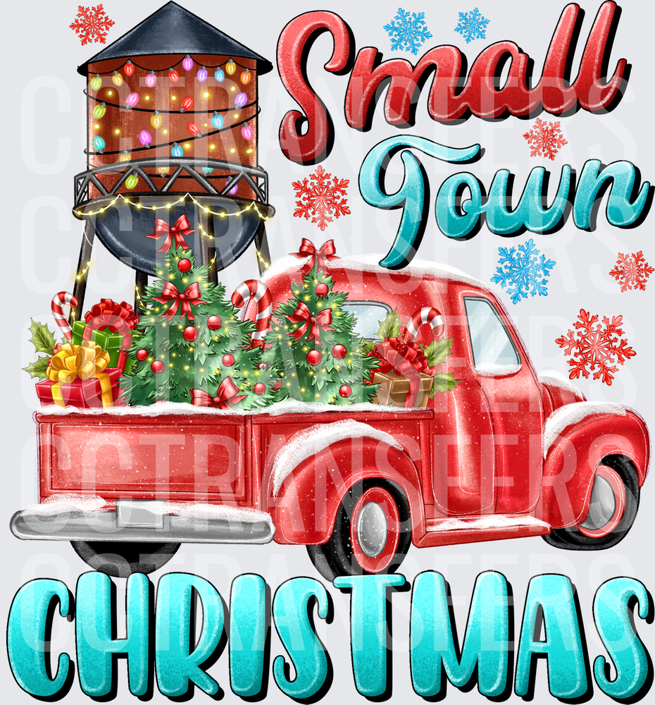 Small Town Christmas Red Truck Water Tower Holiday (DTF)