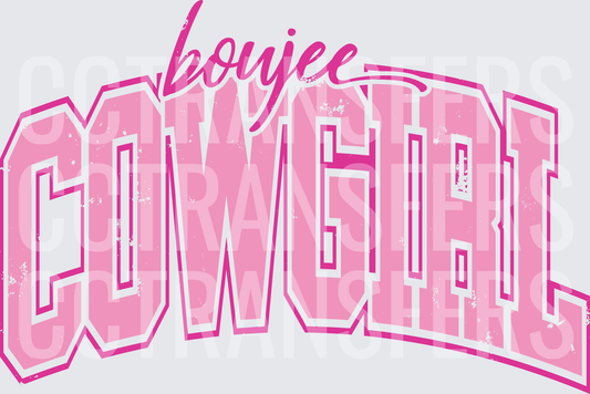 Boujee Cowgirl Distressed Pink Varsity Arch Lettering (DTF)