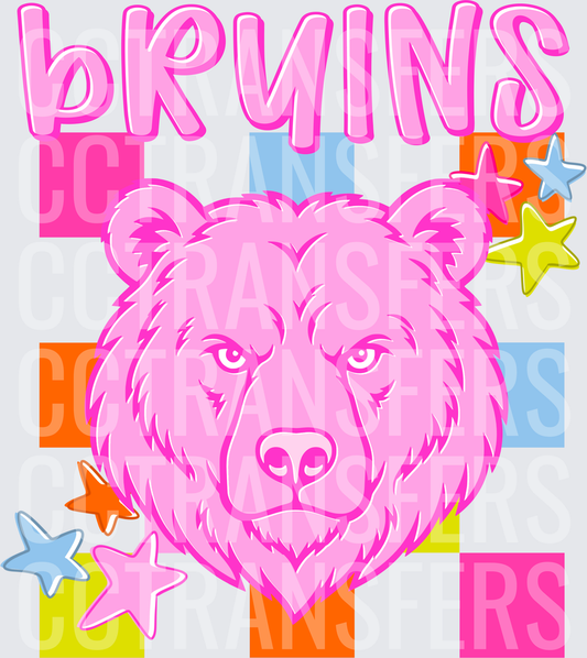 Pink Bruins Bear Head Colorful Retro Checkered Stars (DTF)