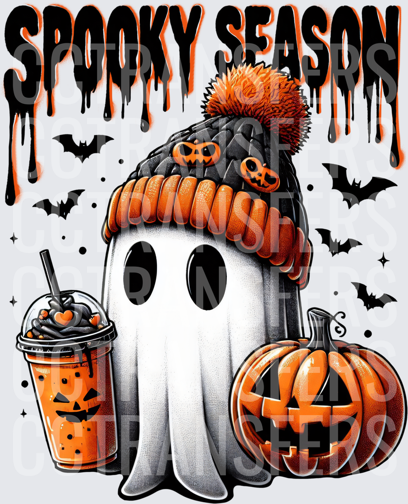 Spooky Season Ghost Beanie Pumpkin Latte Halloween (DTF)