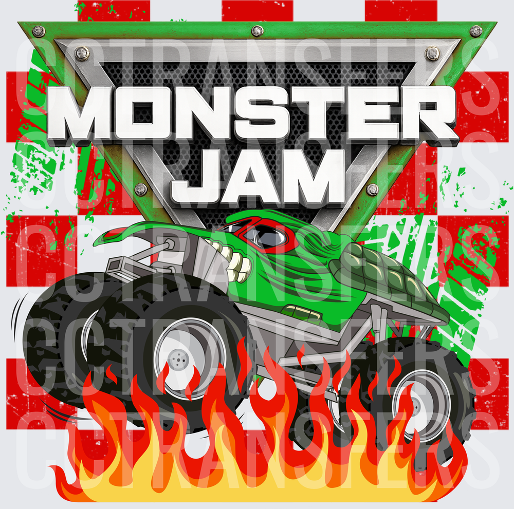 Monster Jam Green Monster Truck Flames Checkered (DTF)
