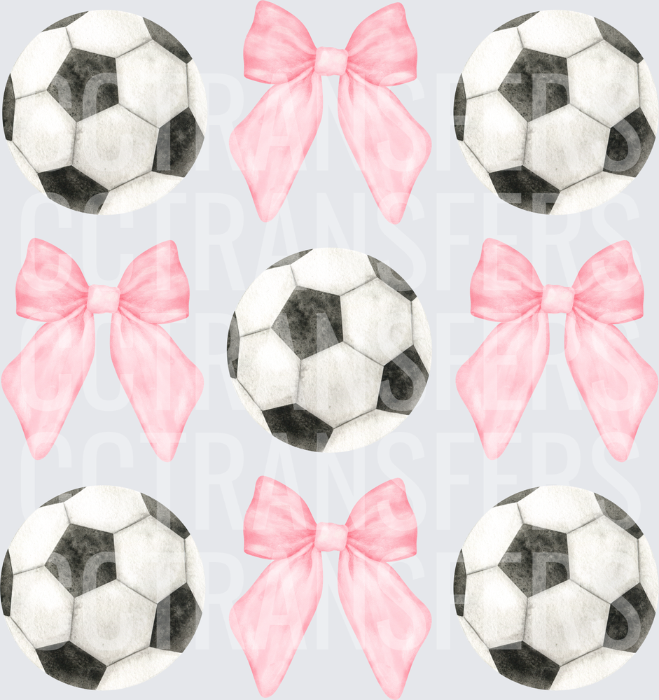 Watercolor Soccer Balls and Pink Bows Pattern (DTF)