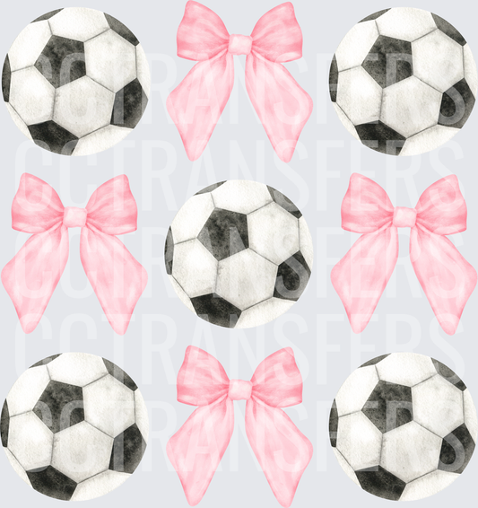 Watercolor Soccer Balls and Pink Bows Pattern (DTF)
