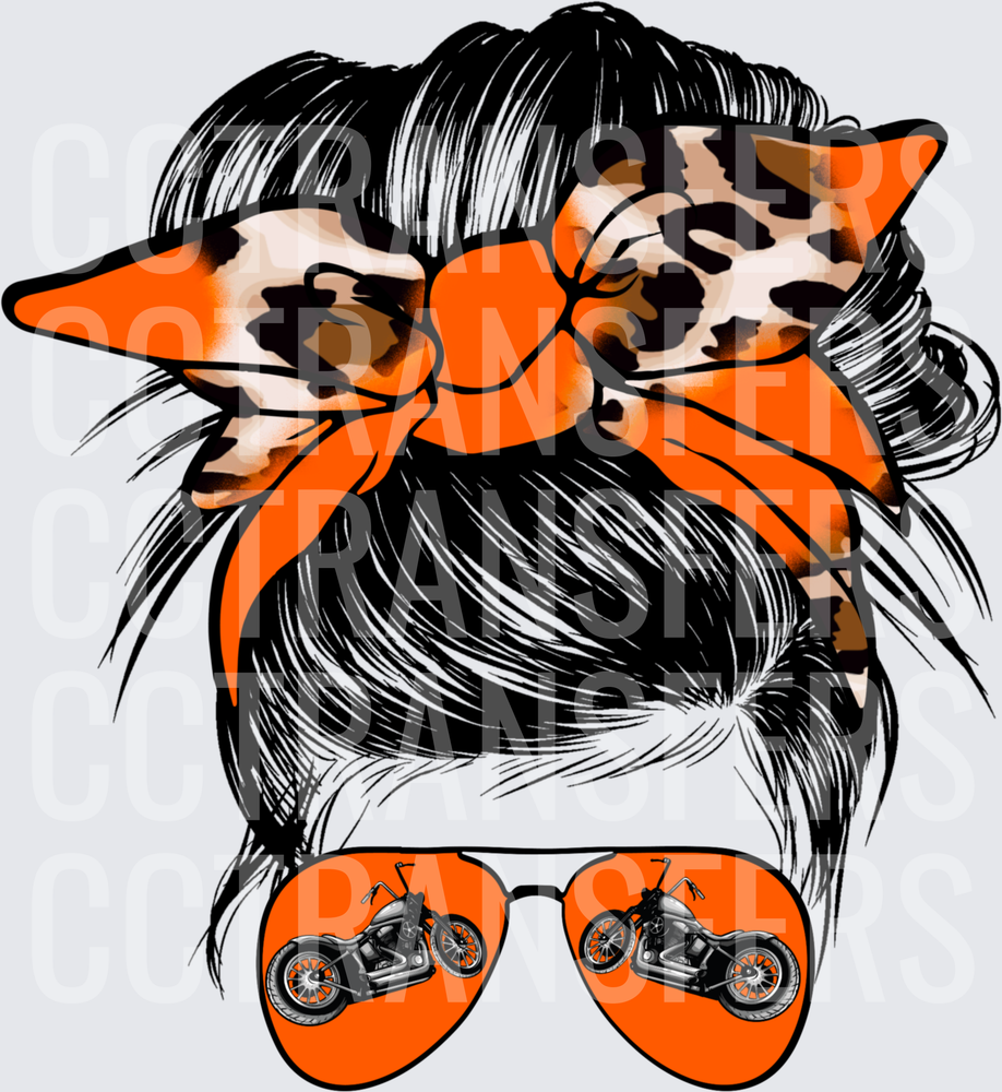 Messy Bun Biker Babe Leopard Bandana Orange Shades (DTF)
