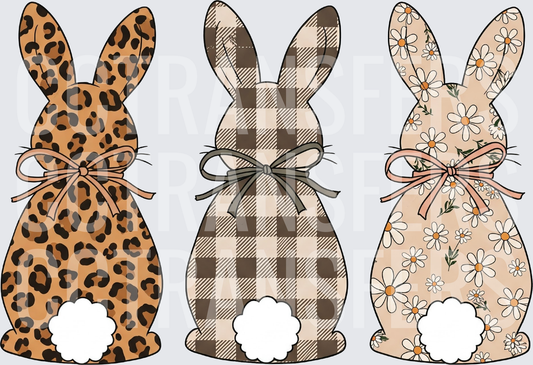 Three Patterned Easter Bunnies Leopard Plaid Floral Bow (DTF)