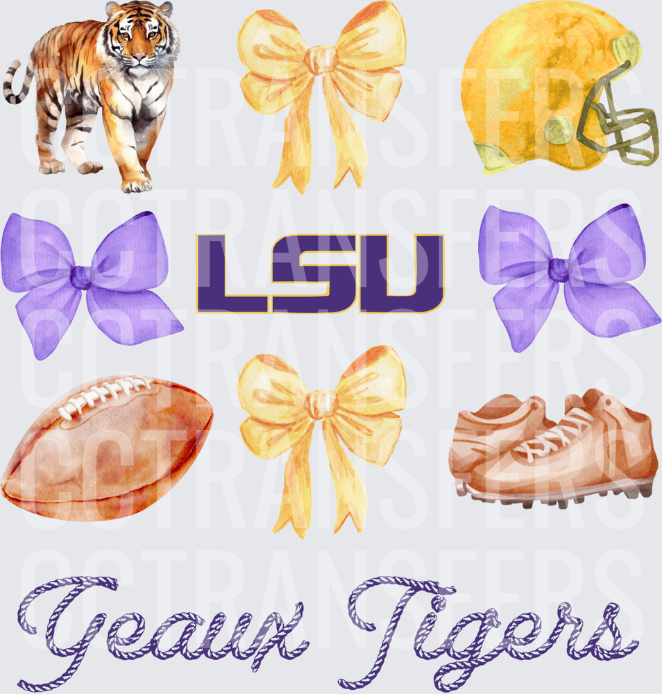 Geaux Tigers Watercolor Football Collage Purple Gold Bows (DTF)