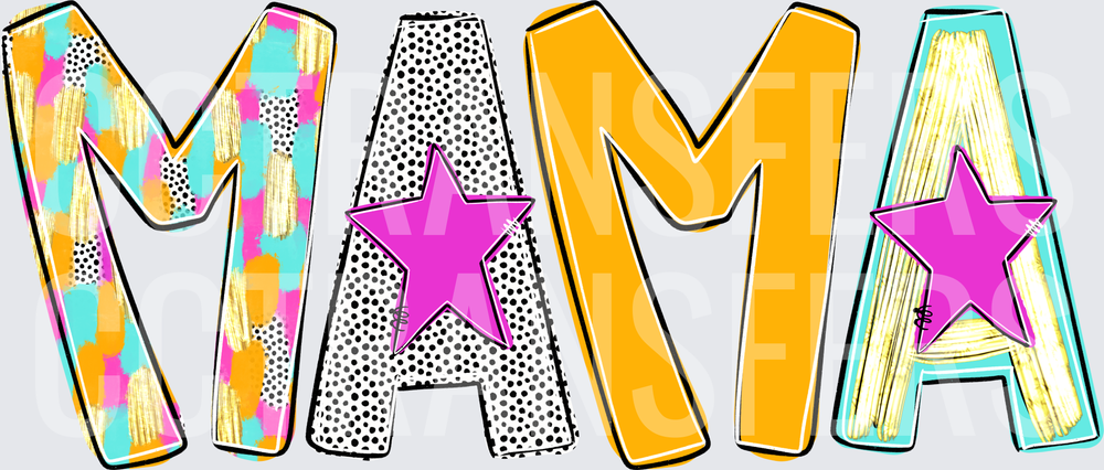 Colorful Patchwork MAMA Bold Letters with Pink Stars DTF