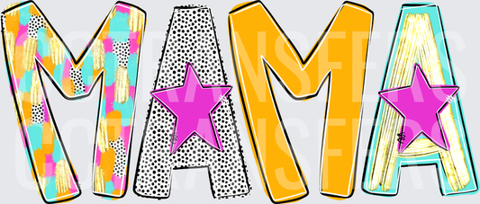 Colorful Patchwork MAMA Bold Letters with Pink Stars DTF