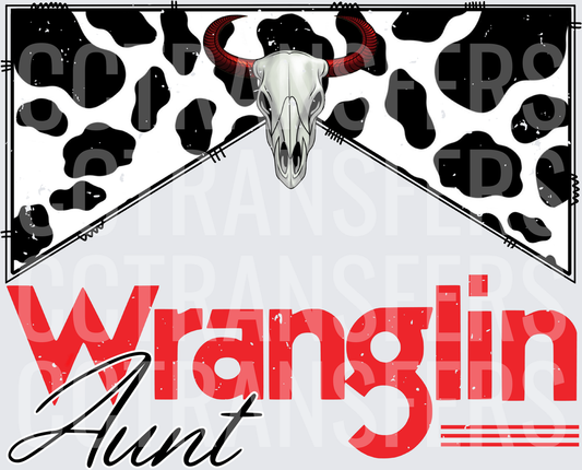 Wranglin Aunt Bull Skull Cow Print Western (DTF)
