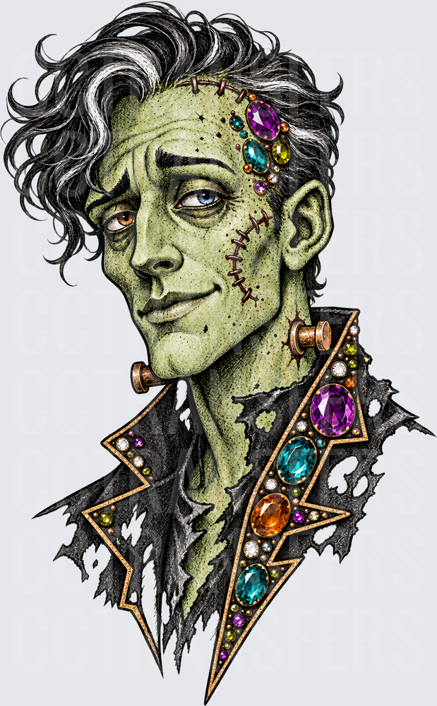 Jeweled Frankenstein Monster Portrait with Neck Bolts (DTF)