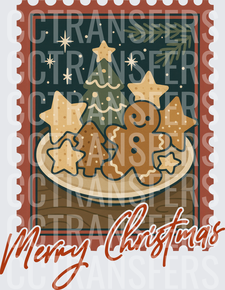 Merry Christmas Vintage Stamp Gingerbread Cookie Plate (DTF)