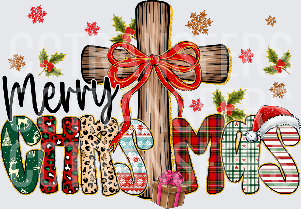 Merry Christmas Wooden Cross Red Bow Patterned Letters (DTF)