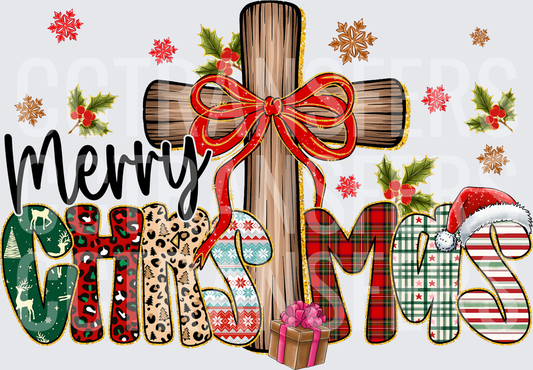 Merry Christmas Wooden Cross Red Bow Patterned Letters (DTF)