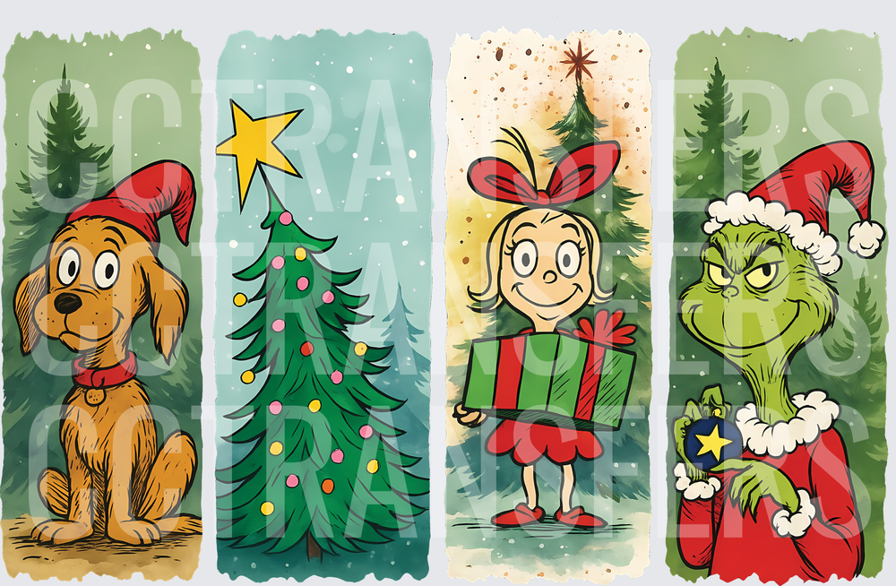 Four Panel Christmas Cartoon Characters Holiday Scene (DTF)