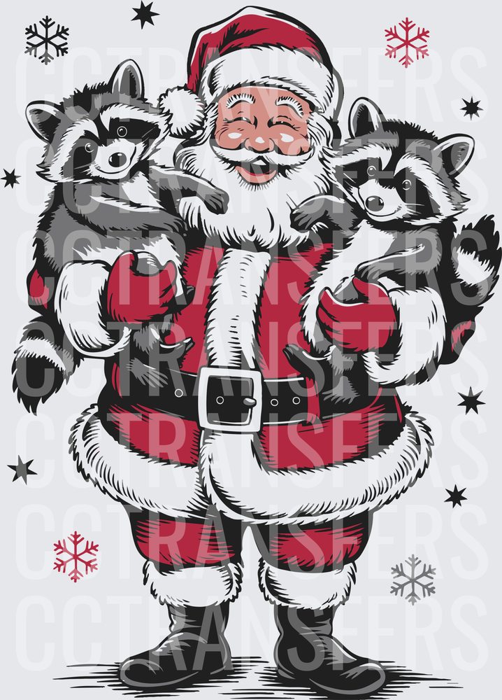 Jolly Santa Claus Holding Two Raccoons Christmas (DTF)