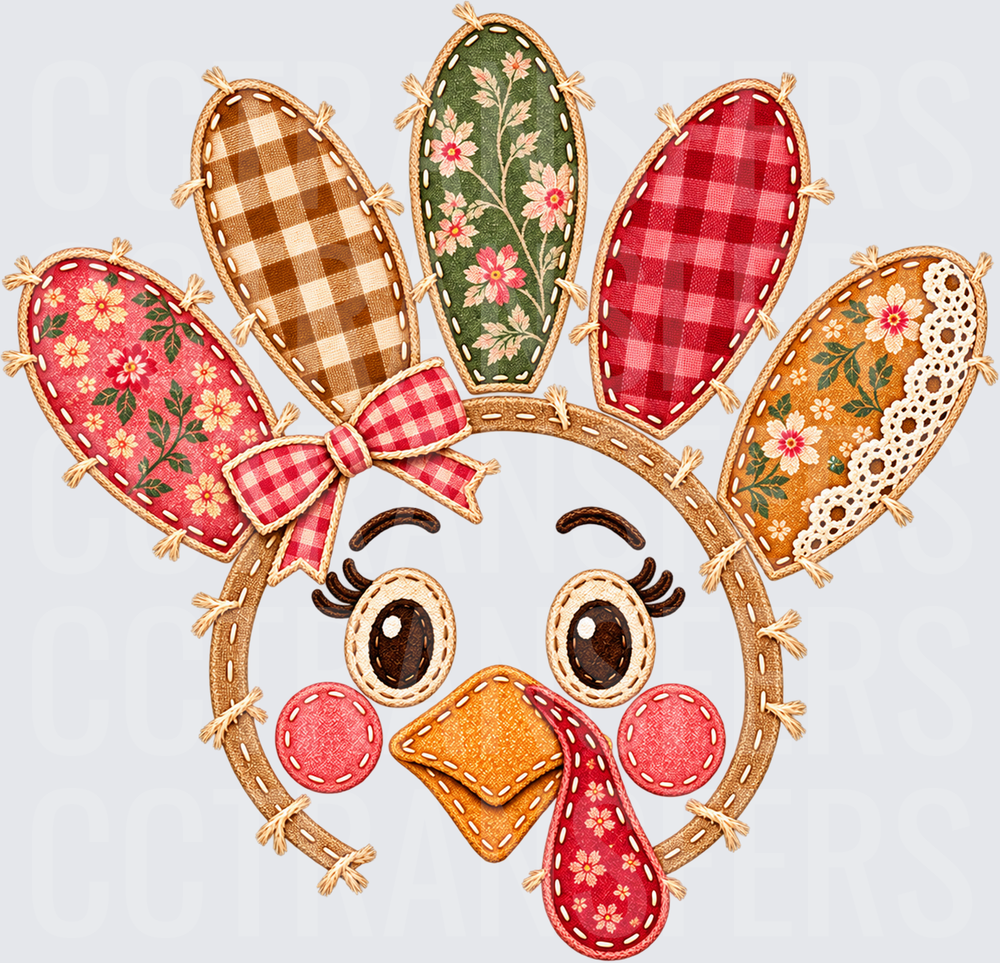 Cute Girl Turkey Face Patchwork Feathers Bow (DTF)