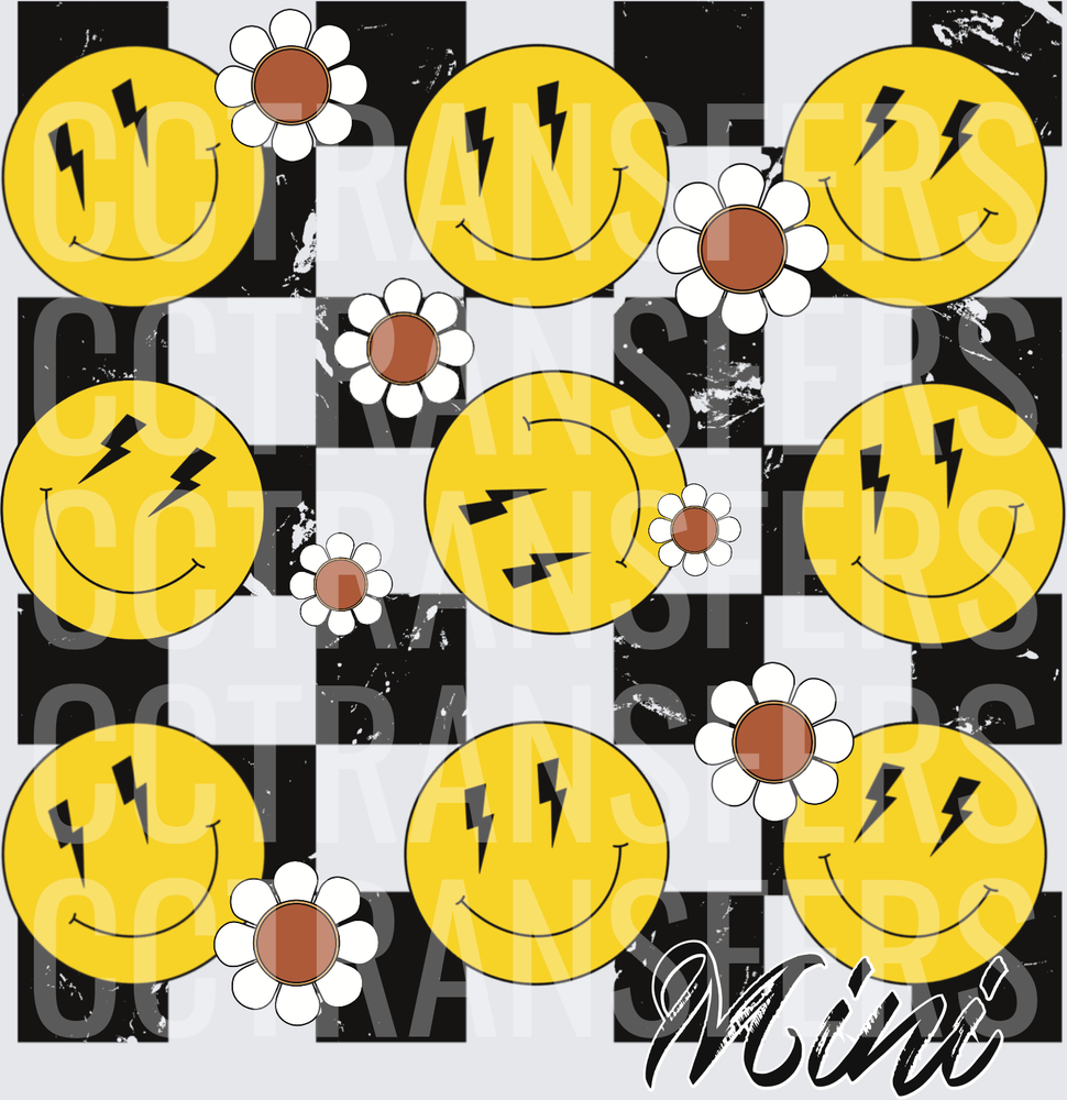 Retro Lightning Bolt Smiley Face Checkered Daisy Pattern (DTF)