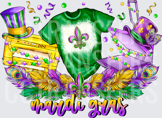 Mardi Gras Festive Collage Fleur De Lis Beads Feathers (DTF)