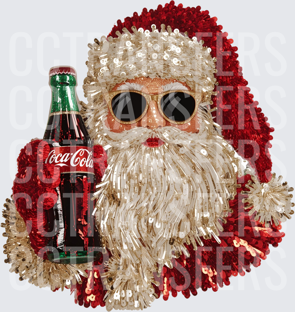 Sequin Santa Sunglasses Holding Soda Bottle (DTF)