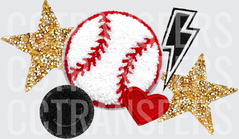 Baseball Patch Cluster Gold Stars Lightning Bolt Heart (DTF)