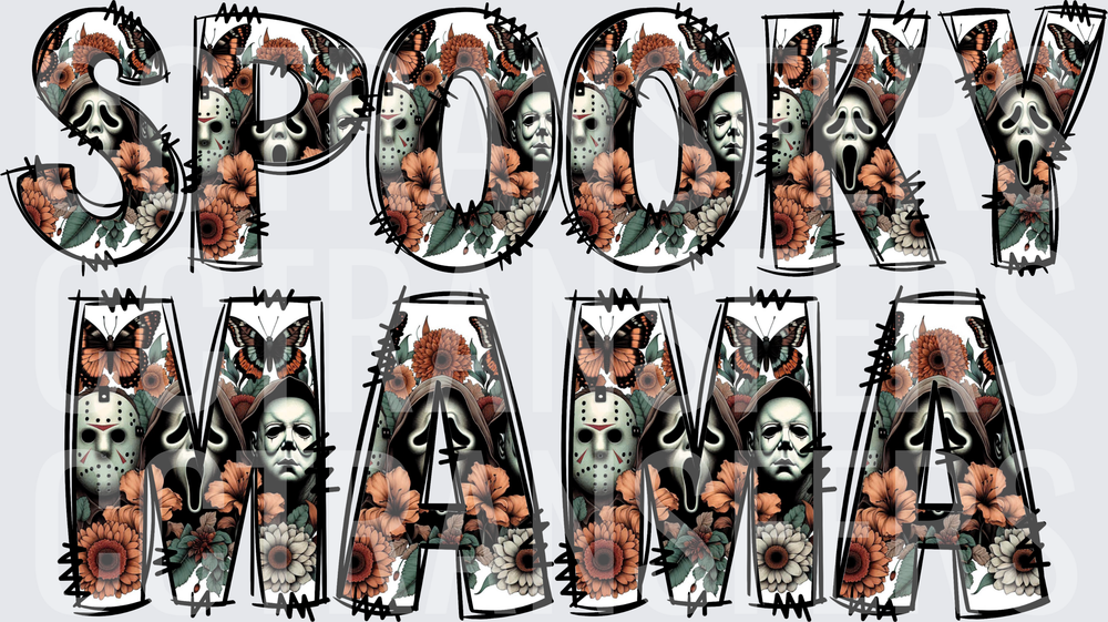 Spooky Mama Horror Mask Floral Letter Design (DTF)