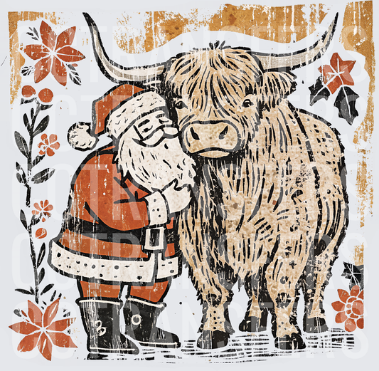 Rustic Woodblock Santa Hugging Highland Cow Holiday Floral (DTF)