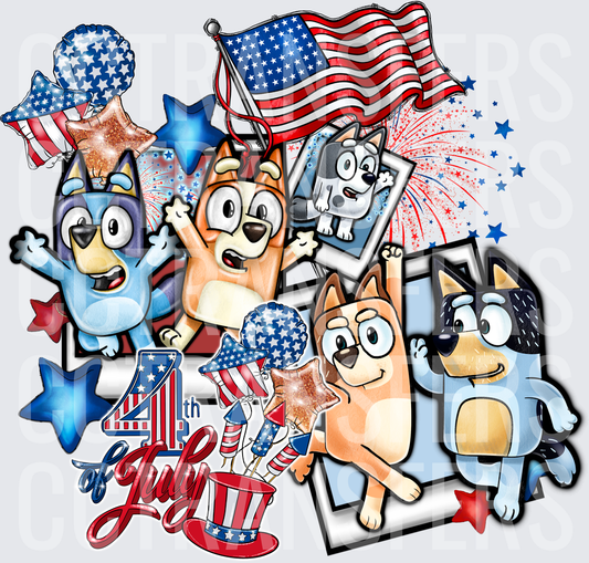 Cartoon Dog Family 4th of July American Flag Celebration (DTF)