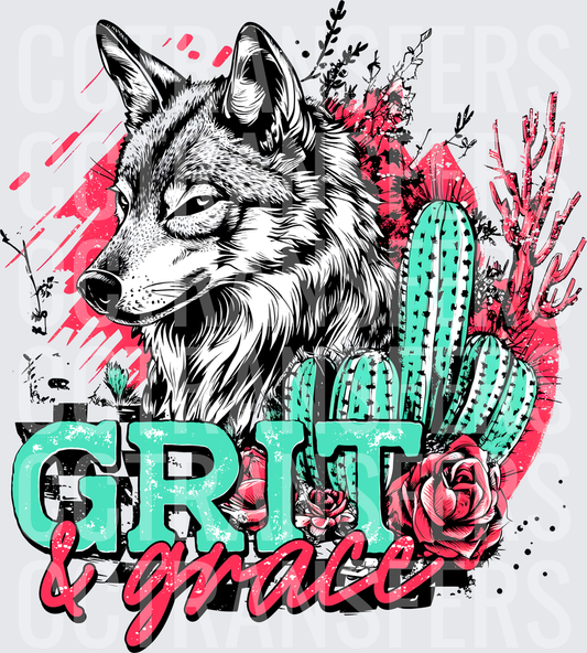 Grit & Grace Wolf Cactus Desert Floral Design (DTF)