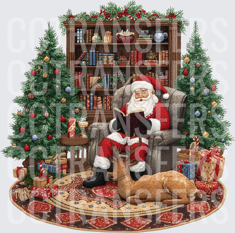 Santa Reading Book in Armchair with Reindeer Christmas (DTF)