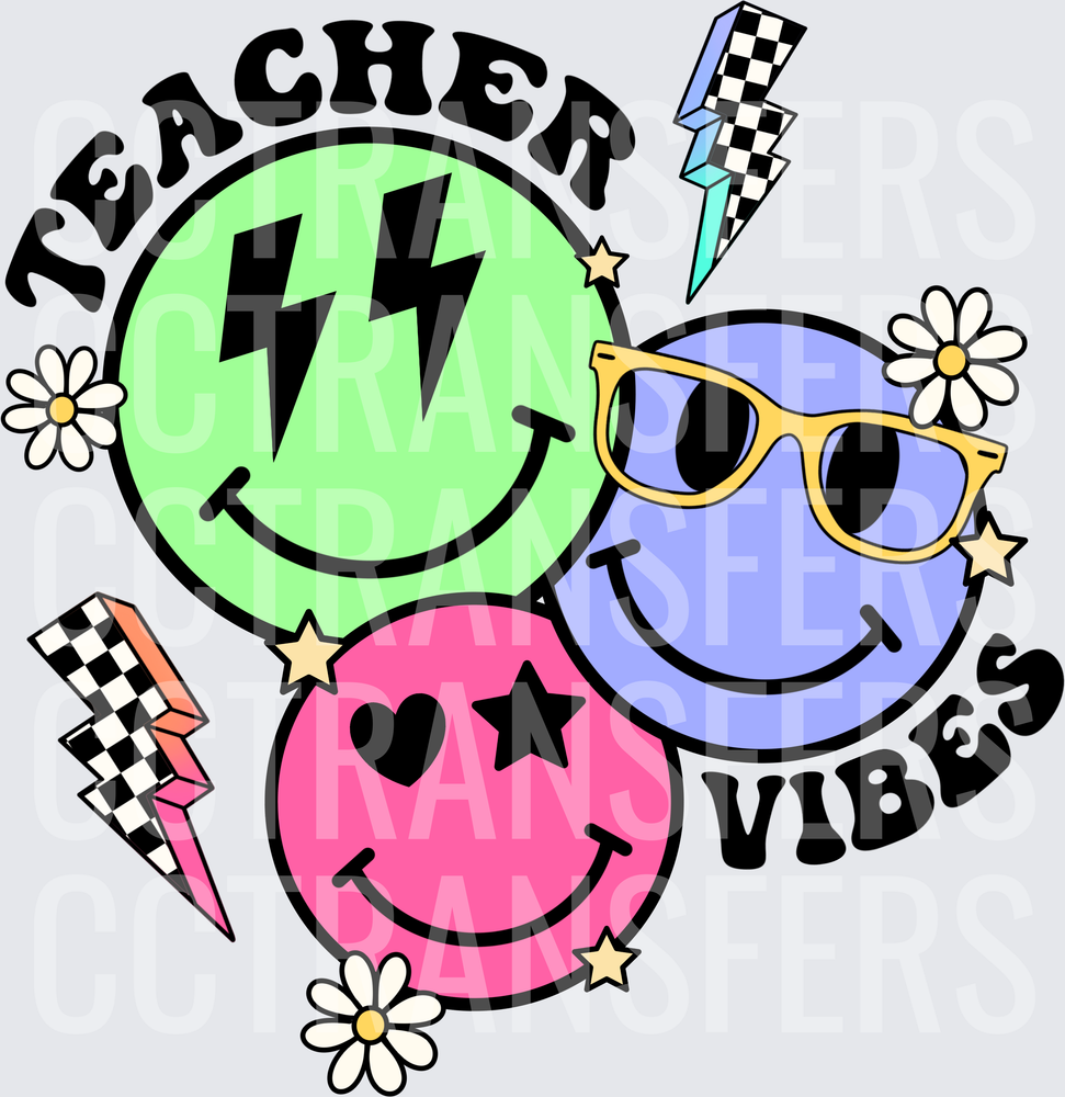 Teacher Vibes Retro Smiley Faces Lightning Bolts Daisies (DTF)