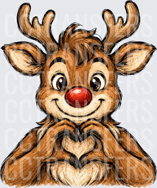 Cute Christmas Reindeer Red Nose Heart Hands Gesture (DTF)