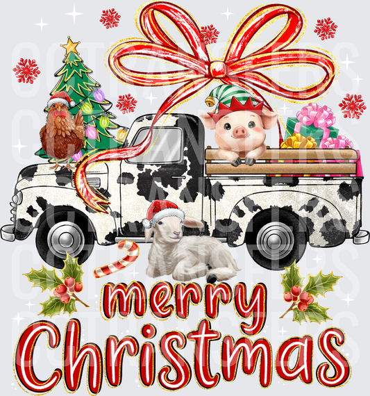 Merry Christmas Farm Animals Cow Print Truck Holiday (DTF)
