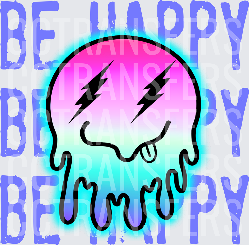 Be Happy Melting Smiley Face Lightning Bolt Eyes Neon Glow (DTF)