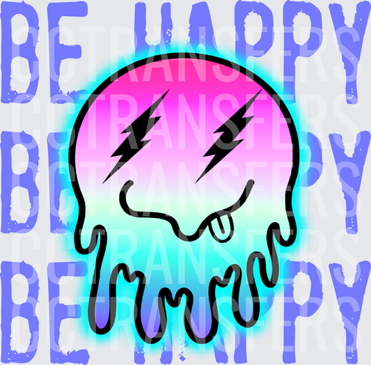 Be Happy Melting Smiley Face Lightning Bolt Eyes Neon Glow (DTF)