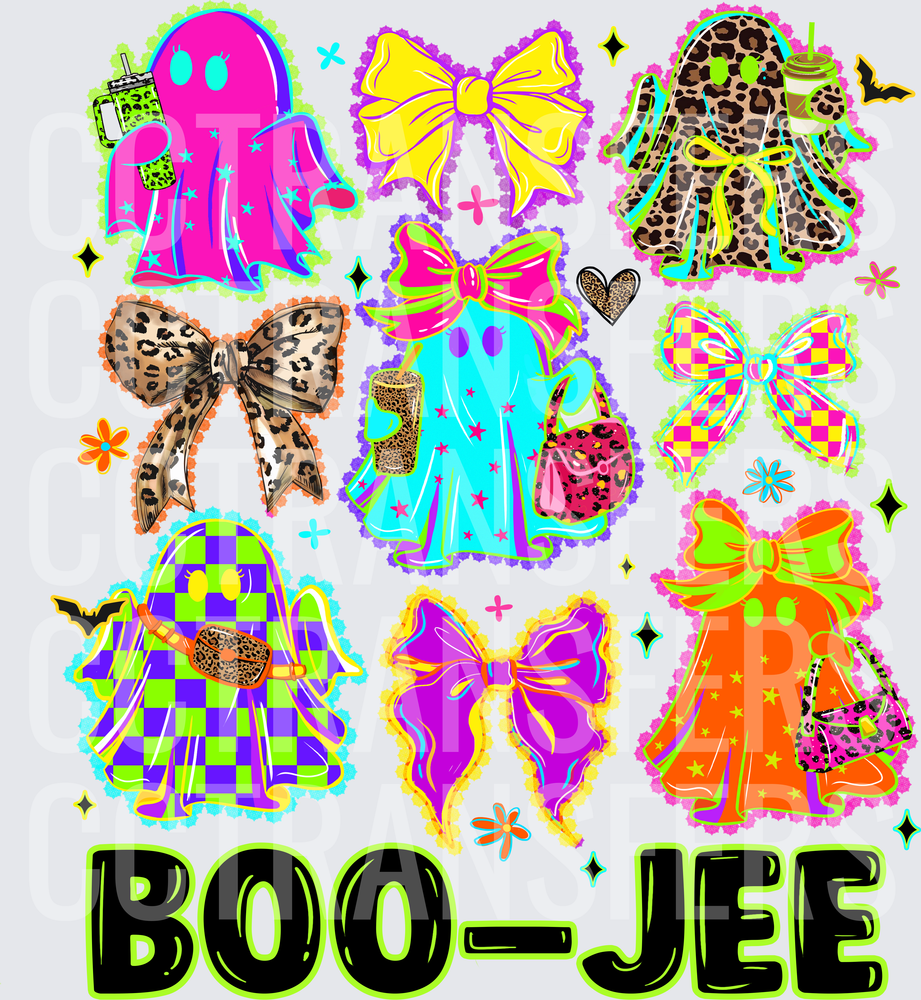 Boo-Jee Neon Halloween Ghosts Bows Leopard Print (DTF)