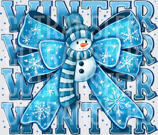 Winter Snowman Blue Bow Snowflake Stacked Word Design (DTF)