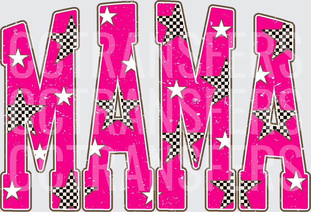 Mama Hot Pink Distressed Checkered Stars Letters (DTF)