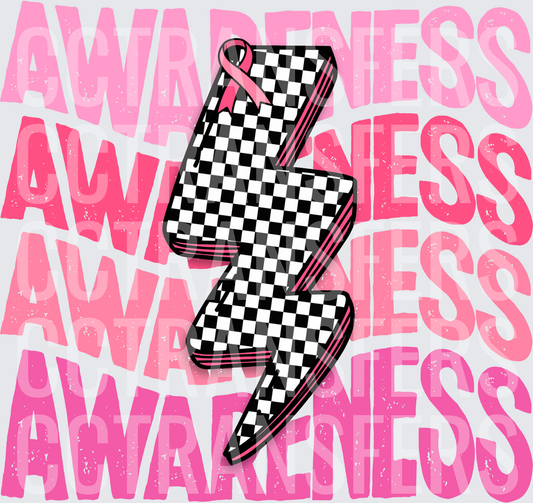 Awareness Checkered Lightning Bolt Pink Ribbon (DTF)