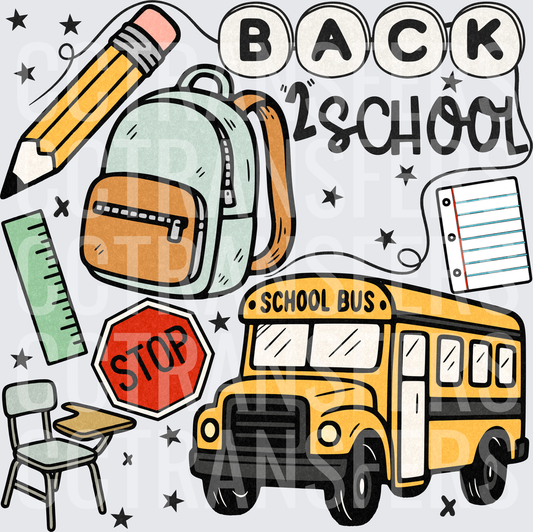 Back 2 School Doodle Collage with Bus and Supplies (DTF)
