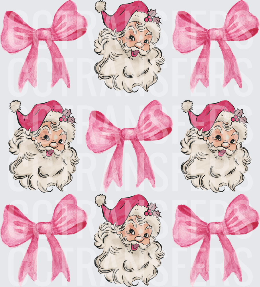 Retro Pink Santa Faces and Bows Watercolor Bundle (DTF)