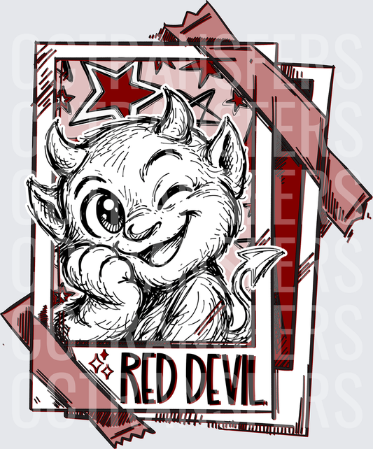Cute Fluffy Red Devil Creature Winking Polaroid Stars DTF