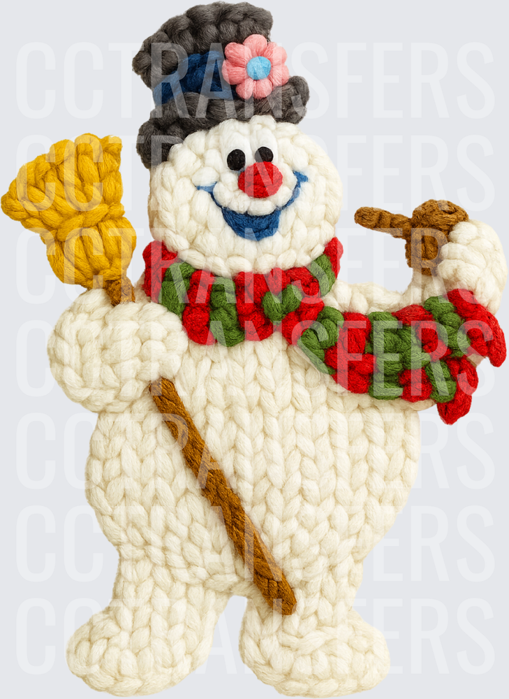 Crochet Knit Snowman with Broom and Striped Scarf (DTF)