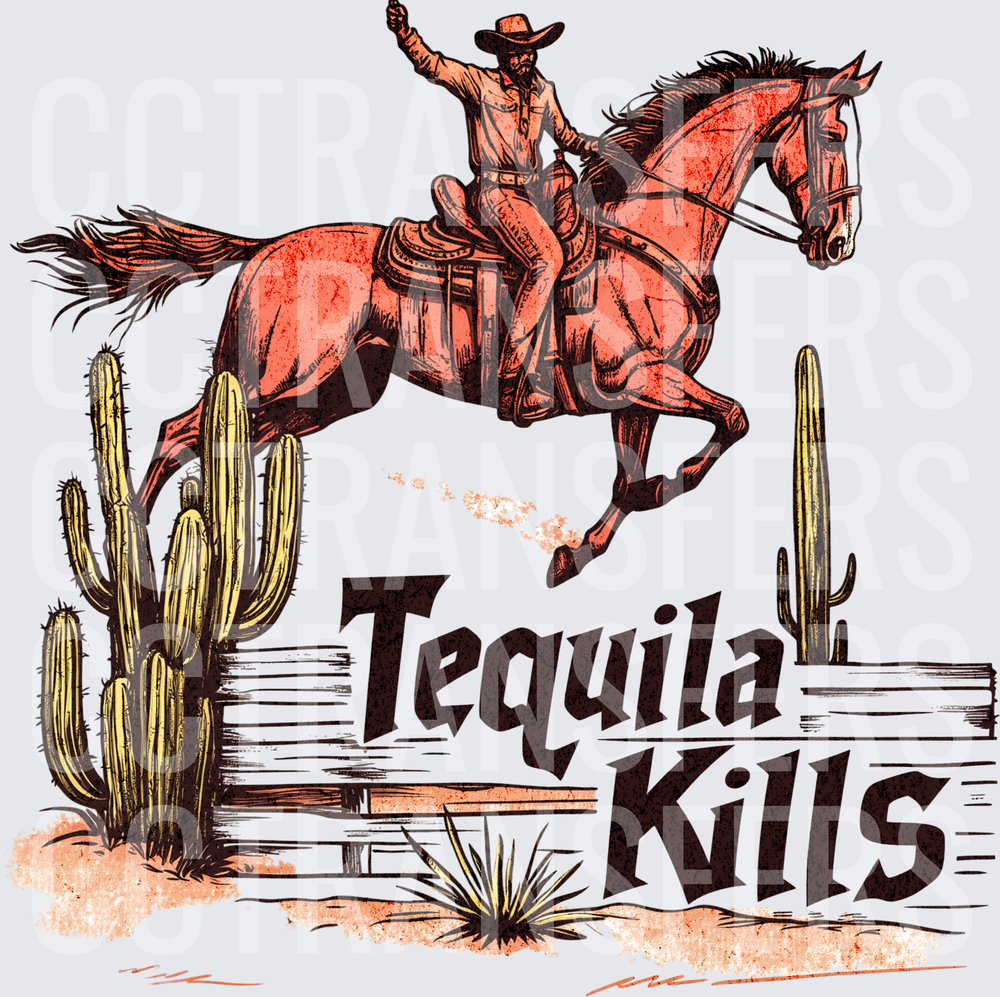 Tequila Kills Cowboy Rearing Horse Desert Cactus (DTF)