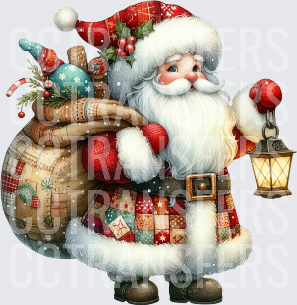 Whimsical Jolly Santa with Lantern and Patchwork Gift Sack (DTF)