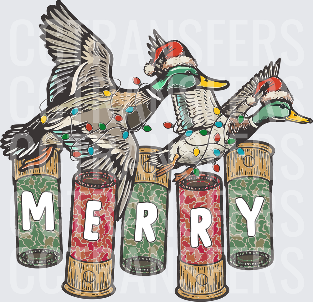 Merry Mallard Ducks Santa Hats Christmas Lights Shotgun Shells (DTF)