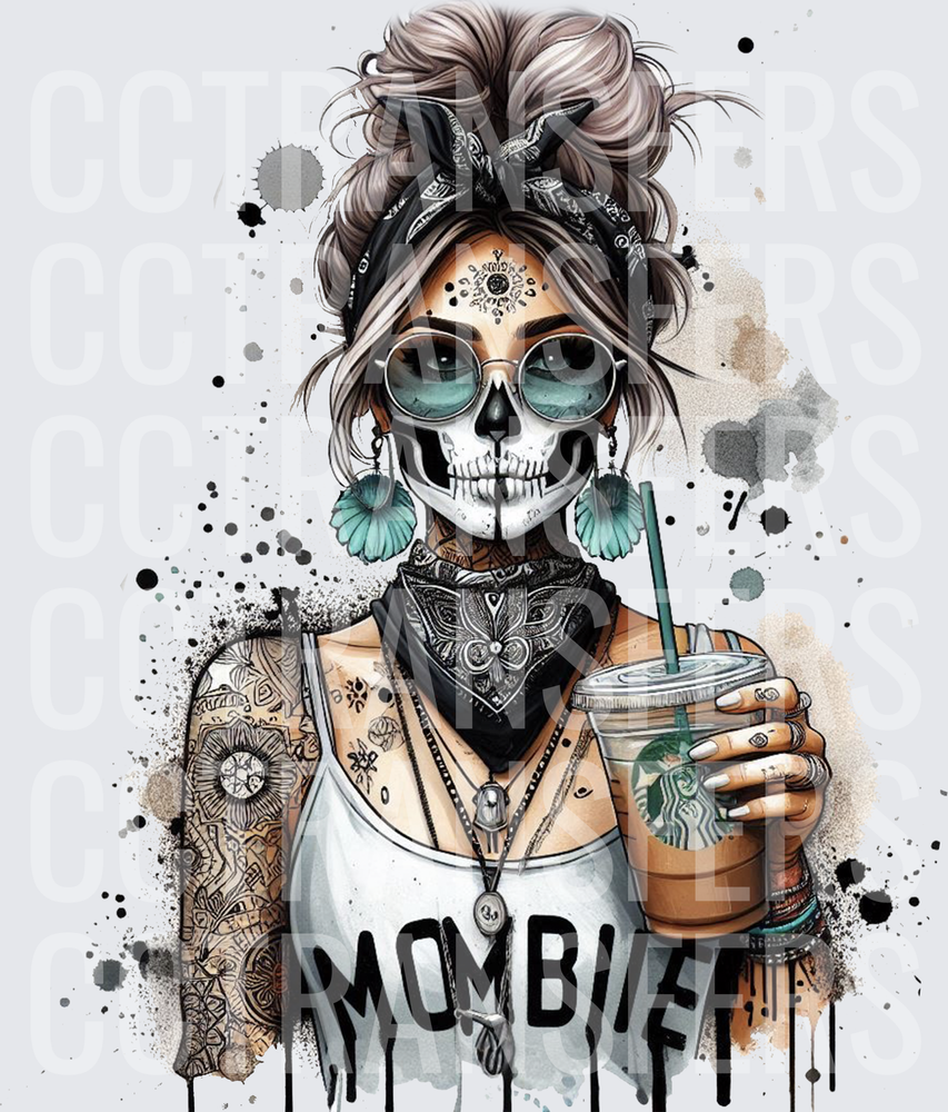 Mombie Skull Face Mom Messy Bun Iced Coffee Tattoo (DTF)