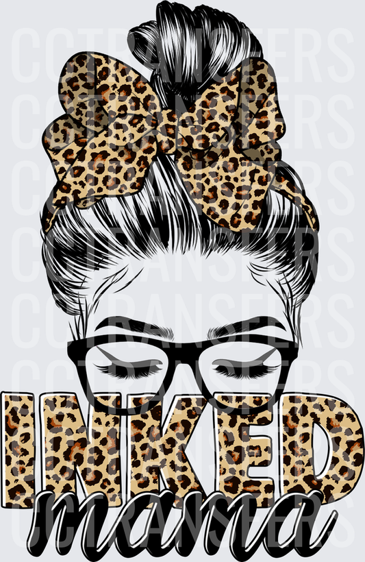 Inked Mama Messy Bun Leopard Print Woman with Glasses (DTF)